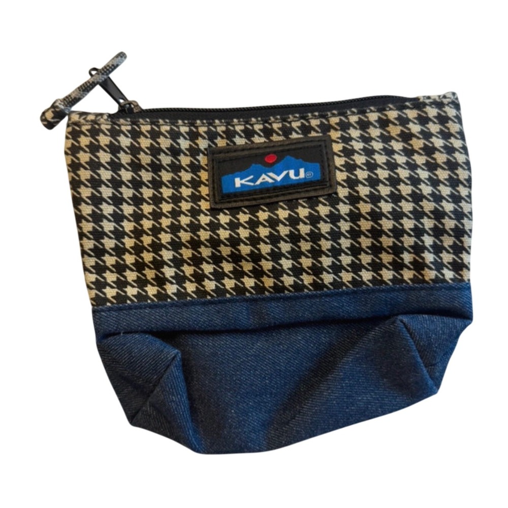 KAVU Pixie Pouch Houndstooth and Denim Accessory Makeup Bag Black Tan Blue - Picture 2 of 4